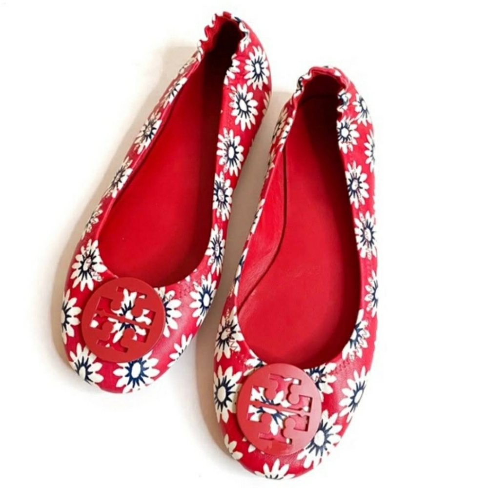 Tory Burch Pre loved Minnie Travel Ballet Flats Size 10M Red/Navy/White/Primrose